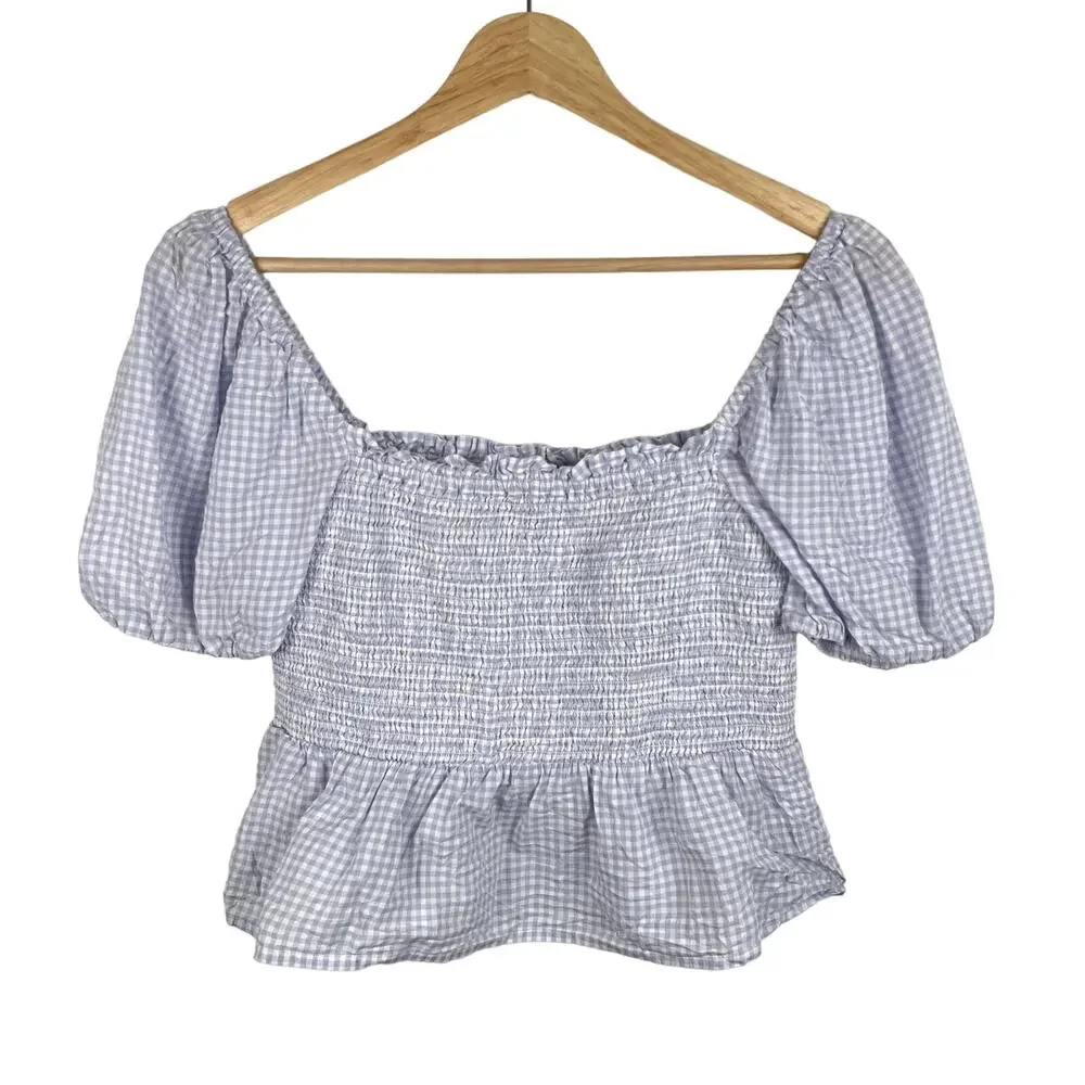 J. Crew Gingham Plaid Squareneck Smocked Cotton Voile Crop Top Lilac White Sz S